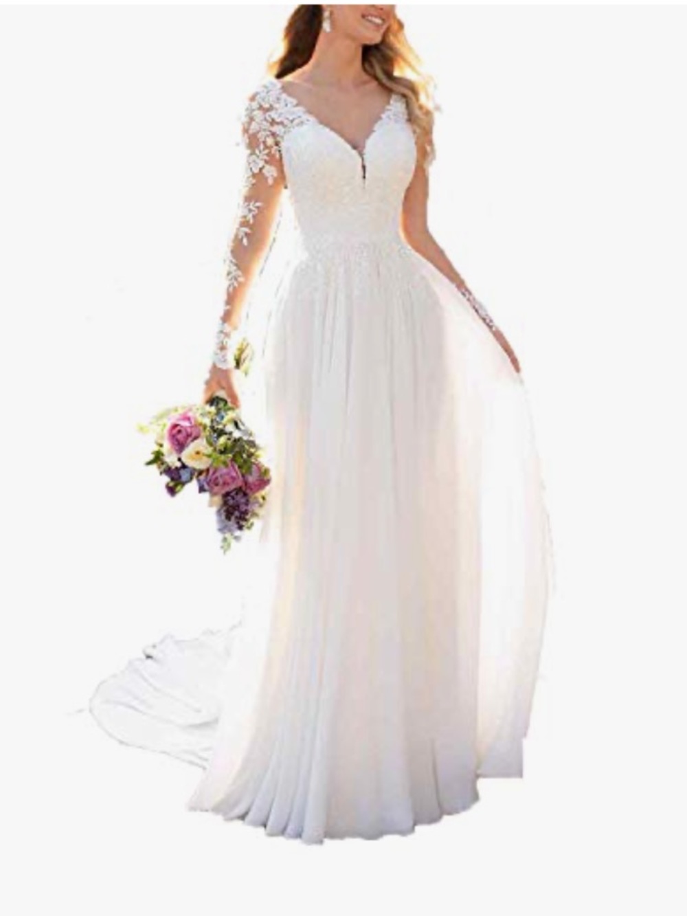 Elegant White Lace A-Line Wedding Dress with Sheer Long Sleeves